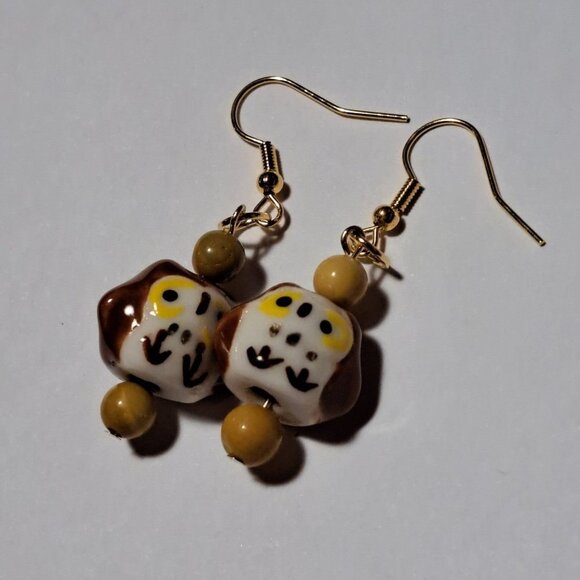 Handmade Ceramic Owl Bead Earrings Mookaite Gold Tone autumn fall Halloween - Picture 1 of 1